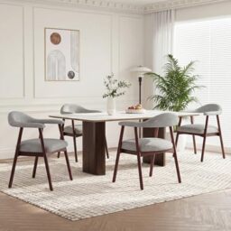 MALOL Wooden Dining Chairs Set of 4, Fabric Chairs for Dining Room with Armrest, Upholstered Kitchen Chairs with Curved Back and Wood Legs for Dining Room, Kitchen, Living Room, Grey
