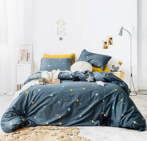 YuHeGuoJi Teal Galaxy Duvet Cover King 100% Cotton 3 Pcs Set 1 Modern Blue Planet Star Duvet Cover with Zipper Ties 2 Pillowcases Cartoon Space Celestial Universe Bedding Set Soft