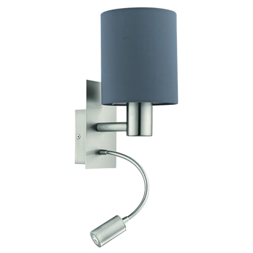 Eglo Wall Lamp Bed Pasteri, Textile wall Light for Bedroom with LED Reading Light, wall-Mounted Metal lamp in Silver and Grey Fabric, E27 Socket