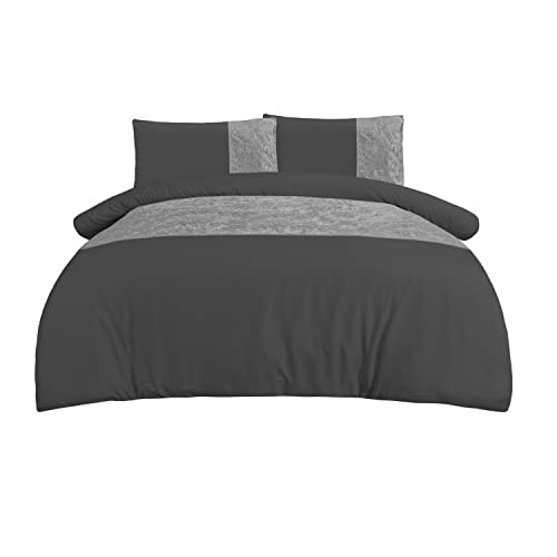 Sleepdown Velvet Cuff Charcoal Grey Panel Band Luxury Soft Cosy Duvet Cover Quilt Bedding Set with Pillowcases - King (220cm x 230cm)