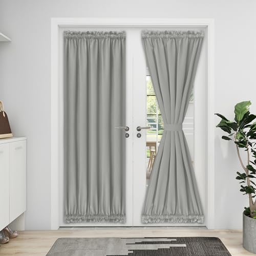 Easy-Going Blackout Door Curtains 1 Panel, 52x72 inch, Light Gray - Rod Pocket Privacy Light Filtering Sidelight Curtains French Door Curtains with Tieback