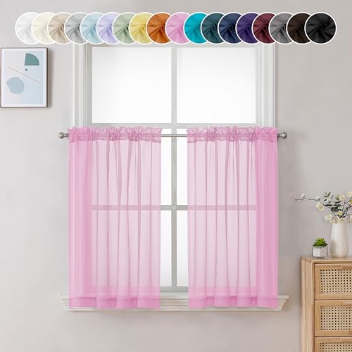 Chyhomenyc Sheer Pink Tier Curtains - 24 Inch Length, Small Window Treatment for Bathroom, Living Room, Basement - Short Rod Pocket Cafe Curtains, 42W x 24L Inches, 2 Panels