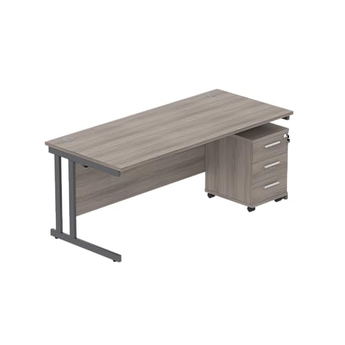 Office Hippo Heavy Duty Contract Grade Office Desk Workstation and Lockable 3-Drawer Pedestal Set, 120kg Weight Tolerance, 5-Year Warranty, FSC Certified, Alaskan Grey Oak, Graphite Legs, 1600 x 800mm
