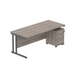 Office Hippo Heavy Duty Contract Grade Office Desk Workstation and Lockable 3-Drawer Pedestal Set, 120kg Weight Tolerance, 5-Year Warranty, FSC Certified, Alaskan Grey Oak, Graphite Legs, 1600 x 800mm
