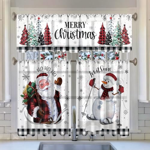 Breling 3 Pcs Black and White Christmas Kitchen Curtains Valances and Tiers Set for Windows Merry Christmas Snowman Santa Claus Decor Short Curtain Set for Bedroom Window Treatment Decor Party Favor