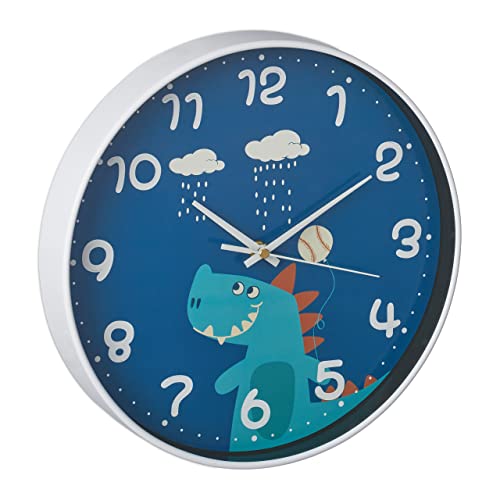 Relaxdays Wall Clock, Childrens Room, Battery Powered, Dinosaur, Design, Second Hand, Numbers, Playroom, Ø 29,5 cm, Blue