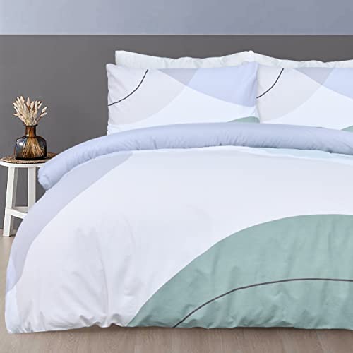 Sleepdown Oversize Geometric Panel Teal Blue Reversible Duvet Cover Quilt Pillow Cases Bedding Set Soft Easy Care - King (220cm x 230cm)
