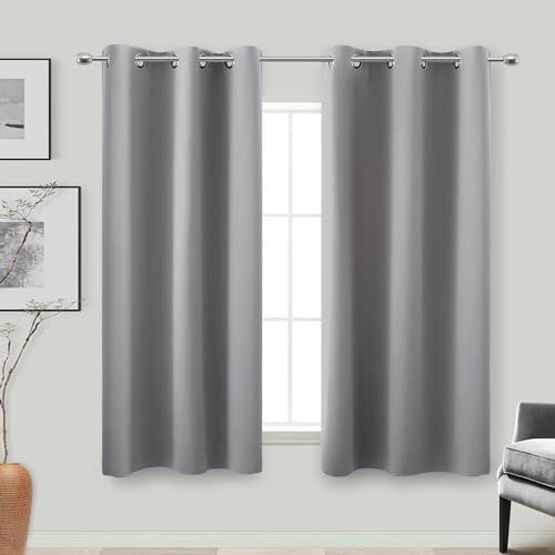 KOUFALL 45 Inch Length Thermal Window Curtain Panels for Bedroom Blackout Set of 2 Grommet Short Small Curtains for Bathroom Kitchen 34x45 in Long Light Grey Gray