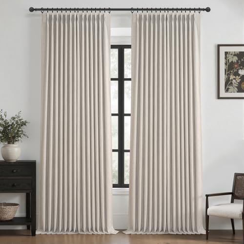 Extra Long 120 Inch Full Blackout Greyish Beige Curtains for Room Divider, Memory Trained Pinch Pleated Ceiling Natural Linen Textured Windows Drapes Insulated Privacy 10FT Length Curtain 2 Panels Set