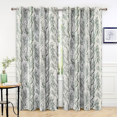 DriftAway Linen Printed Blackout Curtains Tree Branch Pattern Double Layer 84 Inches Long for Bedroom Thermal Insulated Summer Sound Lined Grommet Drapes for Living Room 2 Panels Loden Green/Linen