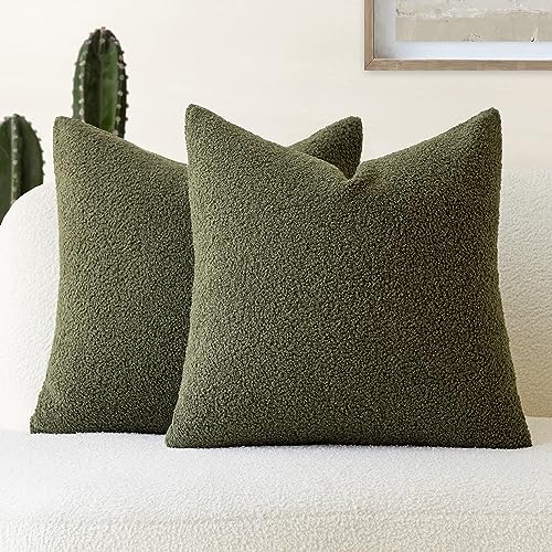 Foindtower Pack of 2, Curly Faux Fur Decorative Throw Pillow Covers Soft Plush Cushion Case with Zipper Cozy Fluffy Boho Pillowcase for Home Living Room Couch Bed Sofa 18 x 18 Inch, Moss Green