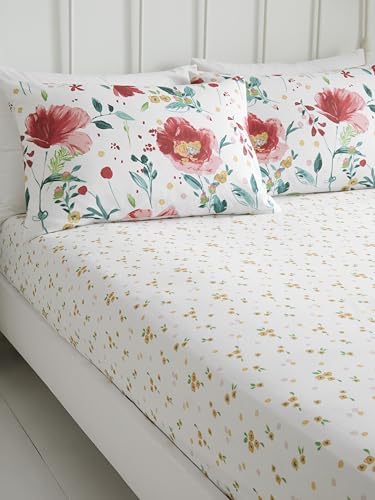 Abstract Poppy White Fitted Sheet Single 90 x 190cm – Easy‑Care Deep‑Fit Bed Sheet with Floral Poppy Design, Soft Breathable Fabric for Single Mattress