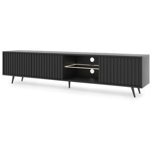 "SELSEY Bello Wooden TV Cabinet with Slatted MDF Fronts 175 x 43 x 31 cm, Black TV Unit with Glass Shelf & LED Lighting, For TVs up to 75"", Sleek TV Stand with Hidden Storage & Open Shelves"