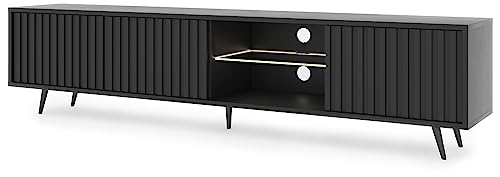 "SELSEY Bello Wooden TV Cabinet with Slatted MDF Fronts 175 x 43 x 31 cm, Black TV Unit with Glass Shelf & LED Lighting, For TVs up to 75"", Sleek TV Stand with Hidden Storage & Open Shelves"