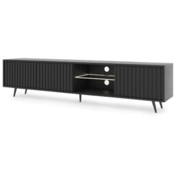 "SELSEY Bello Wooden TV Cabinet with Slatted MDF Fronts 175 x 43 x 31 cm, Black TV Unit with Glass Shelf & LED Lighting, For TVs up to 75"", Sleek TV Stand with Hidden Storage & Open Shelves"