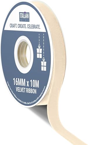 Italian Options Velvet Ribbon, Luxury, Single-Face Velvet Ribbon for Crafting, Christmas, Bows, Hair, Cakes, Weddings, Ornaments, Gift Wrapping, Flowers, 16mm x 10 Metre Roll, Champagne