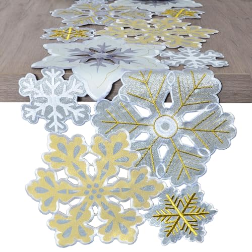 Grelucgo Short Machine Embroidered and Hand Cut Silver and Gold Winter Snowflakes Table Runner for Christmas Holiday (14 x 34 inches)