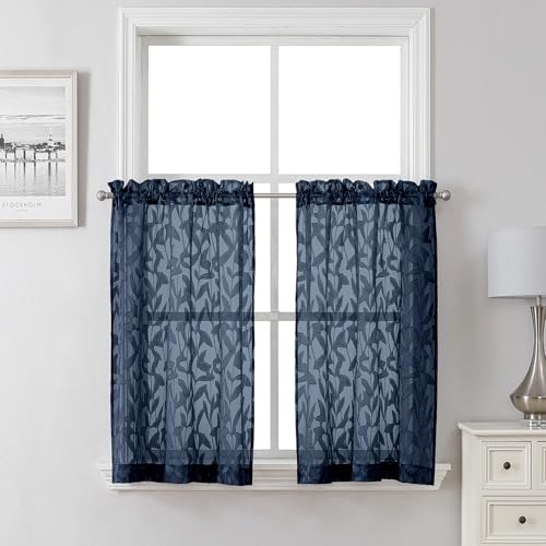 "Lecloud Leia Navy Blue Sheer Kitchen Curtains 36 Inch Length 2 Panels, Jacquard Leaf Textured Voile Short Curtains, Dual Rod Pocket Semi Sheer Tiers for Bathroom Bedroom Living Room, 30"" W x 36"" L"
