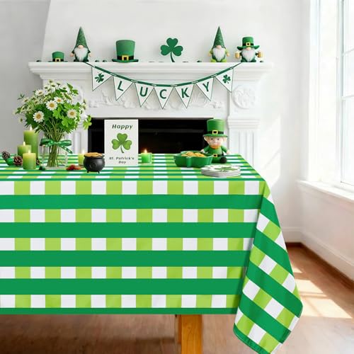 Fanqisi Green Checkered Tablecloth Saint Patrick's Day Tablecloth- 57 x 120 Inch Waterproof Table Cloth Rectangle Gingham Table Cover for Birthday Wedding Spring Camping Easter Party Decoration