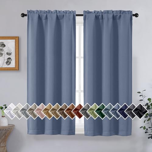 OVZME Denim Blue Short Blackout Curtains for Bedroom 45 Inches Long 2 Panels, Solid Thermal Insulated Blackout Curtains, Energy Saving Soft Fabric Window Drapes, Dual Rod Pocket, 2x40Wx45L Inches