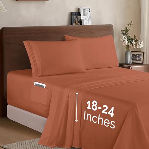 Elegant Comfort Luxury 1500 Sheet Set Premium Microfibre 4 Piece Soft Full Elastic 45-61cm Deep Fitted Sheet Set - Extra Deep Fitted Sheet - Coral King