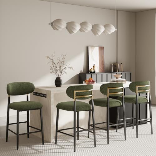 MALOL Counter Height Bar Stools Set of 4, Fabric Kitchen Bar Chairs with Backrest, Metal Legs and Footrest, Modern Barstools Counter with Anti-Slip Pads for Kitchen Island, Dining Room, Green