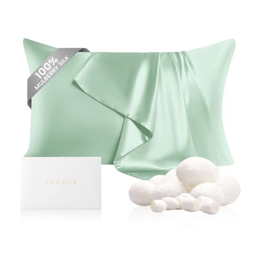 "THXSILK 100% Mulberry Silk Pillowcase for Hair and Skin Health, 22 Momme Soft and Smooth Pillowcases with Hidden Zipper, Both Sides Premium Grade 6A+ Silk, 1pc (Standard 20""x26"", Turquoise Green)"