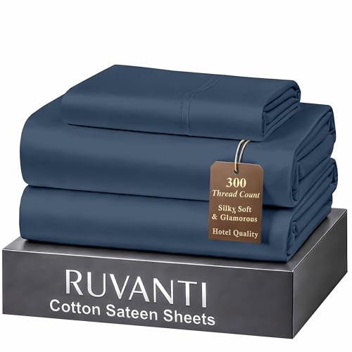 RUVANTI 100% Cotton Sateen Sheets Twin Size, Dark Blue - Hotel Luxury Softness, 300 Thread Count, Deep Pocket, 16 Fit, Cooling Bedding, 3 Pieces