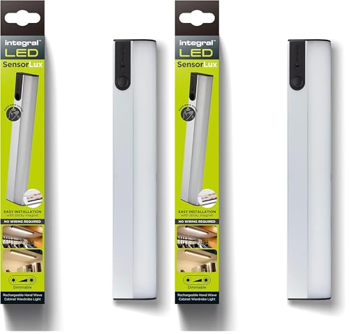 Integral LED SensorLux Warm White Dimmable Motion Detection Under Cabinet & Wardrobe Light with Magnetic Strip – Aluminium Construction, Rechargeable 1600mAh Battery & Easy to Install (Pack of 2)