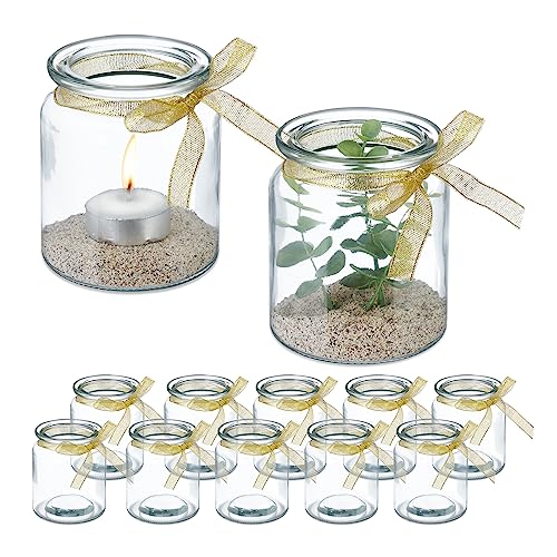 Relaxdays Candle Holders, Set of 12, Glass, Jar with Bow, Tealight Table Decor, 9.5 x 8 cm, Indoor & Outdoor, Clear/Gold