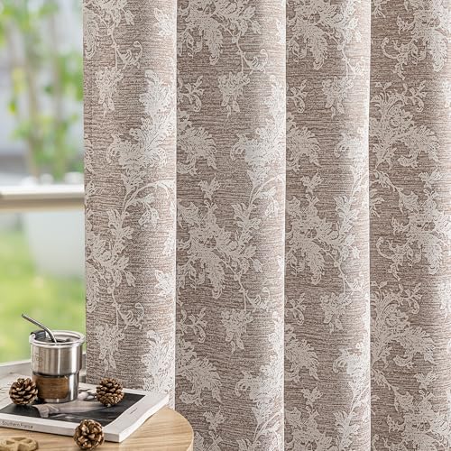 FMFUNCTEX Rust Brown Floral Jacquard Blackout Curtains 90 Inch 2 Panels - Black Out Drapes, Chenille Scroll Flower , Farmhouse,Thermal Insulated, Room Darkening, for Bedroom Living Room , Grommet