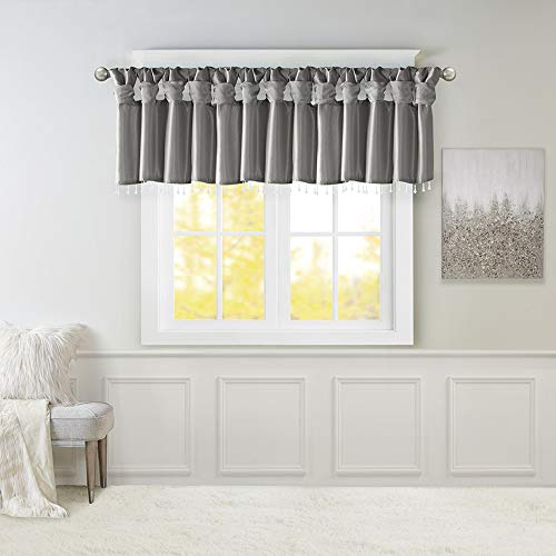 "Madison Park Emilia Faux Silk Valance, DIY Twist Tab Top Finish with Beads, Window Valance Curtain for Living Room, Bedroom and Dorm, 26"" L x 50"" W, Charcoal"