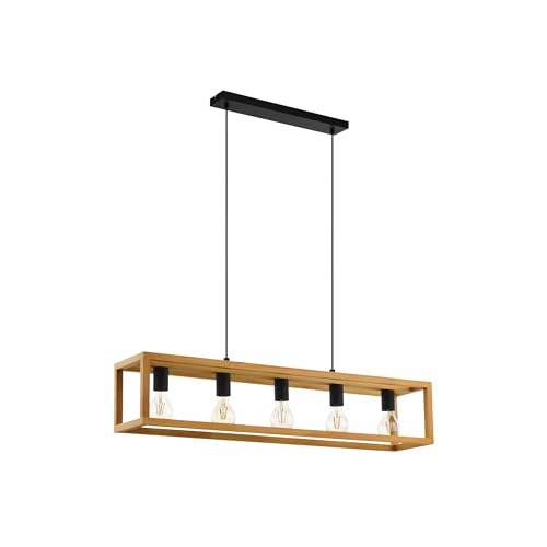 Eglo Pendant Lighting Blackcrown, 5-Light Vintage Hanging lamp for Dining Table, Ceiling Light Fitting Living Room, Natural Design, Light Wood, E27 Socket, 100 cm