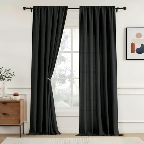 OVZME Extra Wide Curtains 96 Inches Long 2 Panels Set for Living Room, Light Filtering Rod Pocket Window Drapes, Rustic Farmhouse Dining Room Curtains for Sliding Glass Door, Black, 2x52Wx96L Inches