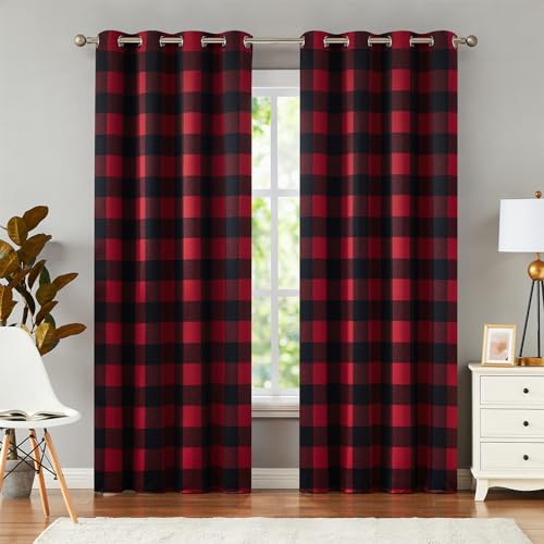 Melodieux Buffalo Check Plaid Blackout Curtains 90 Inches Long for Bedroom, Living Room Thermal Insulated Room Darkening Grommet Drapes, Black Red, 50 x 90 Inch, 2 Panels