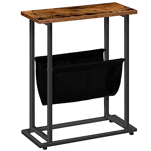 HOOBRO Small Side Table for Small Spaces, Narrow Bedside End Table, with Magazine Holder Sling, Slim Nightstand Coffee Table, Skinny Magazine Table, Rustic Brown and Black EBF81BZ01