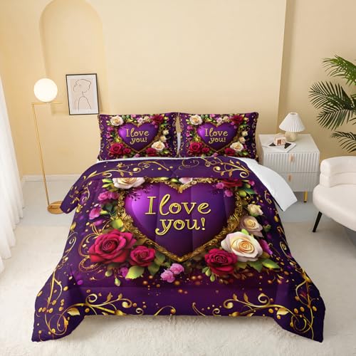QOOMO 3Pcs Flower Print Comforter Set Full Size,Cute Plants Bedding Set for Teens Boys Girls,Purple Comforter with 2 Pillowcases,Soft and Lightweight