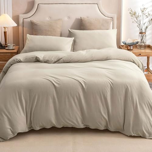 PURE ERA Jersey Knit Duvet Cover Set 100% T-Shirt Cotton Super Soft Comfy 3pc Bedding Set with Zipper Closure (Solid Dark Beige, Full)