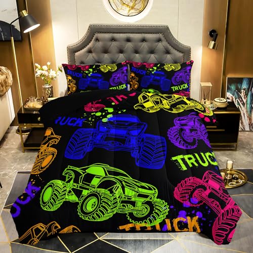 QOOMO Truck Comforter Set for Kids Teens Boys,Neon Truck Kids Comforter Comforter with 2 Pillowcase, Microfiber 3 Piece Bedding Set,Soft and Lightweight(Black???Full Size)