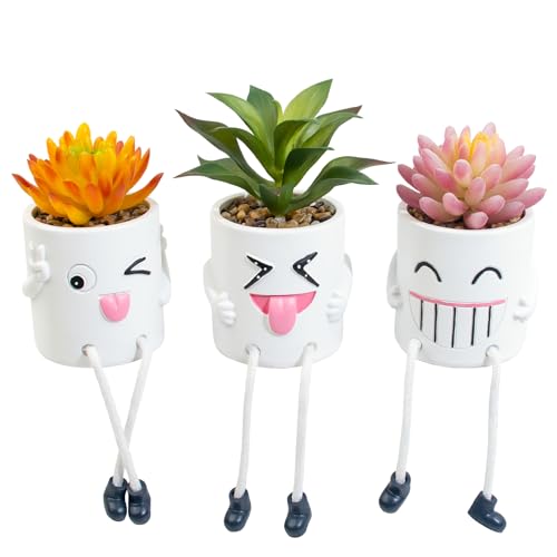 LUZOGA 3 Pcs Cute Fake Plant Mini Potted Succulents with Hanging Leg White Pot Creative Artificial Succulent Plants in Funny Pot Faux Succulents for Home Office Shelf Desk Decor and Gift Choice