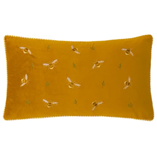 furn. Wylder Ramble Bees Cushion Cover – Rustic Country Velvet Embroidered Decorative Case (Honey – 30X50cm)
