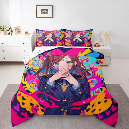 Erosebridal Anime Girl Twin Bedding Set, Japanese Anime Comforter Set 3 Piece for Kids Girls Teens Adult Bedroom Decor, Cartoon Manga Girl Quilt Kawaii Japanese Animation Bedding Comforter Sets