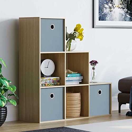 Vida Designs Durham Staircase Bookcase Shelves Storage Organiser Living Room Furniture (6 Cube & 3 Grey Baskets, Oak)
