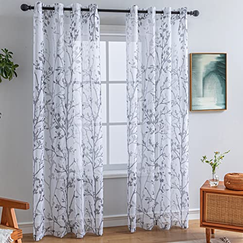 Luvyohmee White Grey Curtains 84 Inch Length 2 Panels Set, Semi Sheer Window Curtain Drapes for Living Room/Bedroom, Gray Nature Tree Branches Patterned Linen Textured Curtains, Grommet Top W52XL84