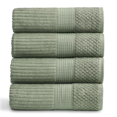 Springtree Home 100% Cotton Bath Towel Set - 4-Pack - Textured - Green - Absorbent & Quick-Dry Bathroom Towels - Textured and Durable Cotton Towels for Bathroom - OEKO-TEX - Krista Collection