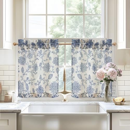 DriftAway Kitchen Curtain Floral Tier Linen Short Floral Paisley Patterned Cafe Curtains 24 Inch Length for Living Room Bathroom Freda Jacobean Farmhouse Country Drapes Rod Pocket 2 Panels Navy