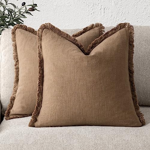 Foindtower Set of 2 Decorative Linen Cushion Covers with Fringe, Cosy Boho Cushion Covers with Tassels for the Sofa, Bed, Living Room, Home Decor, 41 x 41 cm, Khaki Brown