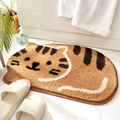 "Ankah Shower, Tub, Bath Mat, Bathroom Rug, Non-Slip, Absorbent, Soft Mat for Bathroom, Adorable Design Cat-Picture Bath Mat Door Mat Dry Carpet, 18"" x 26"", Khaki"