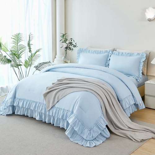 ANGIYUIN Light Blue Girls Comforter Set Twin 5Pcs Double-Layer Ruffle Bed in A Bag Lightweight Farmhouse Bedding Comforter Set(Light Blue Twin)