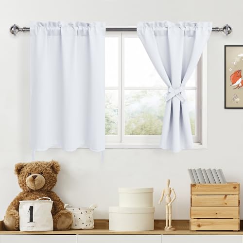 DWCN White Blackout Curtains for Living Room, Short for Small Window, Thermal for Bedroom, 24 Inch for Cafe, Office, Kitchen, Basement - 30 by 24 Inch, White, Set of 2